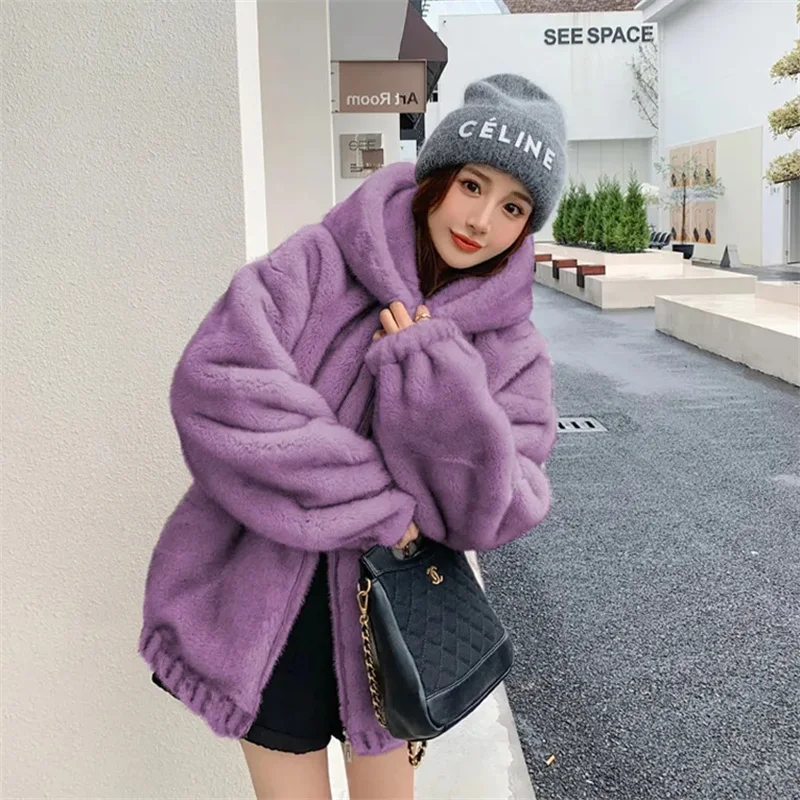 2024 Winter New Hooded Rabbit Hair Imitation Mid length Fur Coat Korean Version Loose Thickened Plush Coat Women Solid Commuter