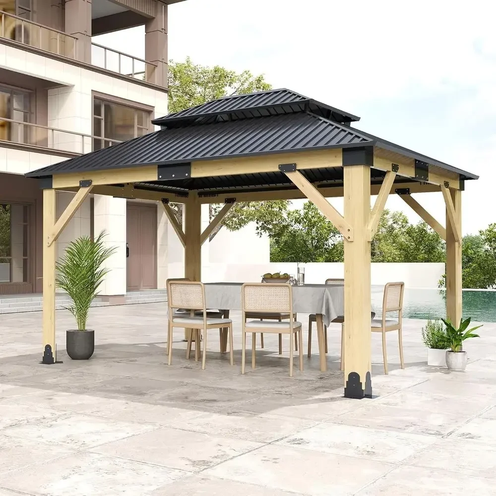 11x13T Wood Gazebo, Outdoor Wooden Gazebo with Glavanized Steel Double Roo, Hardtop Gazebos or Garden, Patio, Deck, Backyard