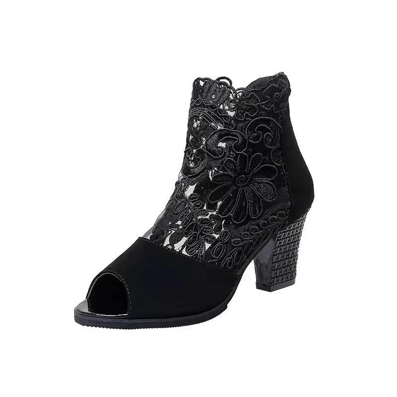 2022 New Fashion Women\'s Summer Sandals Casual Elegant Middle Heel Women\'s Shoes High Heels Mesh Lace High Heels Large Size 42
