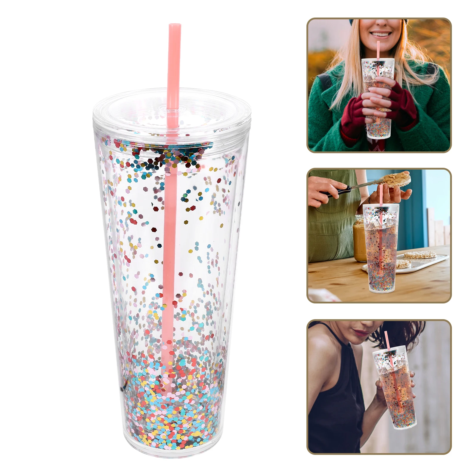 

Double Layer Glitter Cup 500Ml Tumbler For Iced Coffee Tea Milk Shake Portable Drinkware With Straw Sequins Cup For Cold