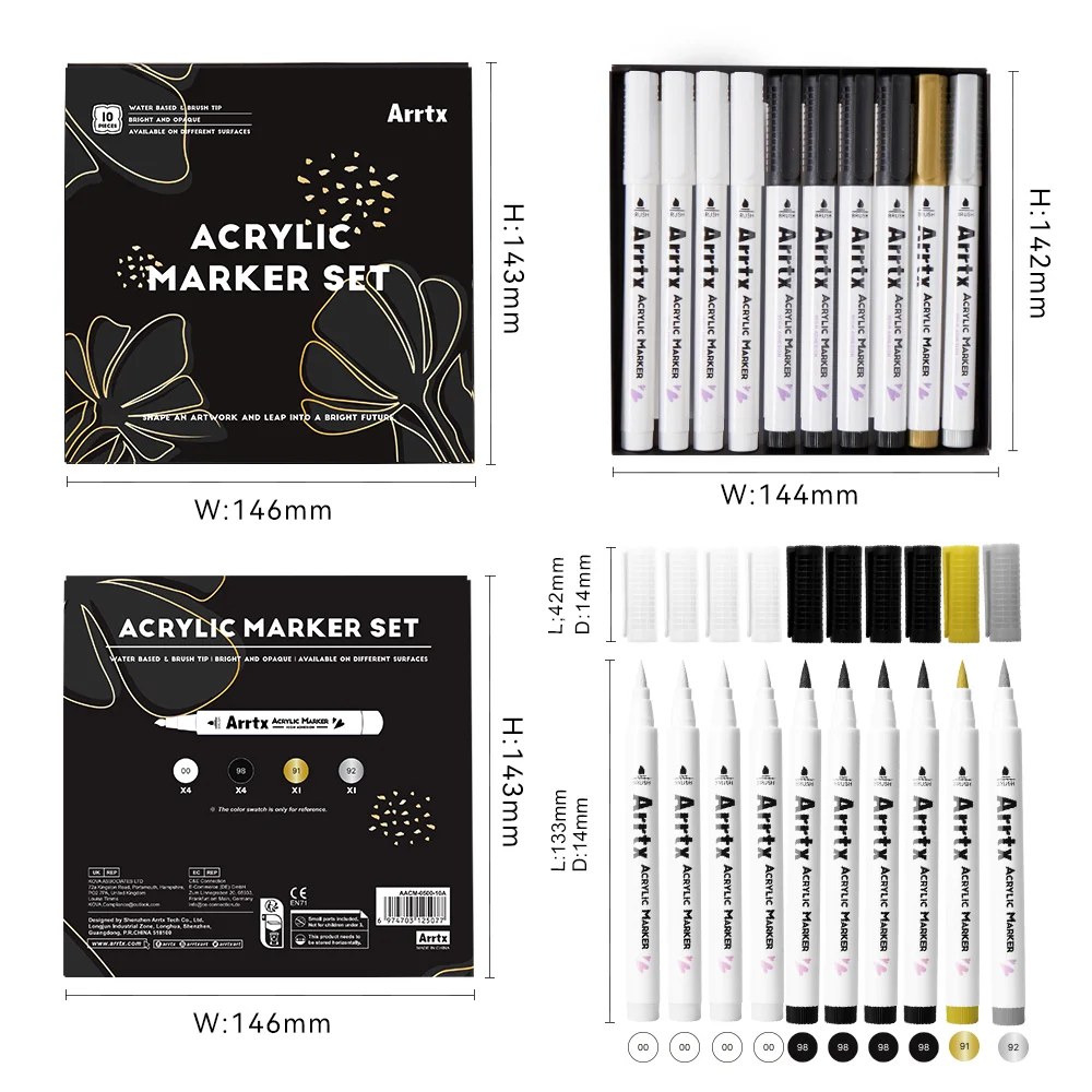Arrtx acrylverfpennen, 10 stuks met penseelpunt, witte verfmarkers, metallic voor steen, stof, hout, glas, canvas, keramiek, doe-het-zelf knutselen