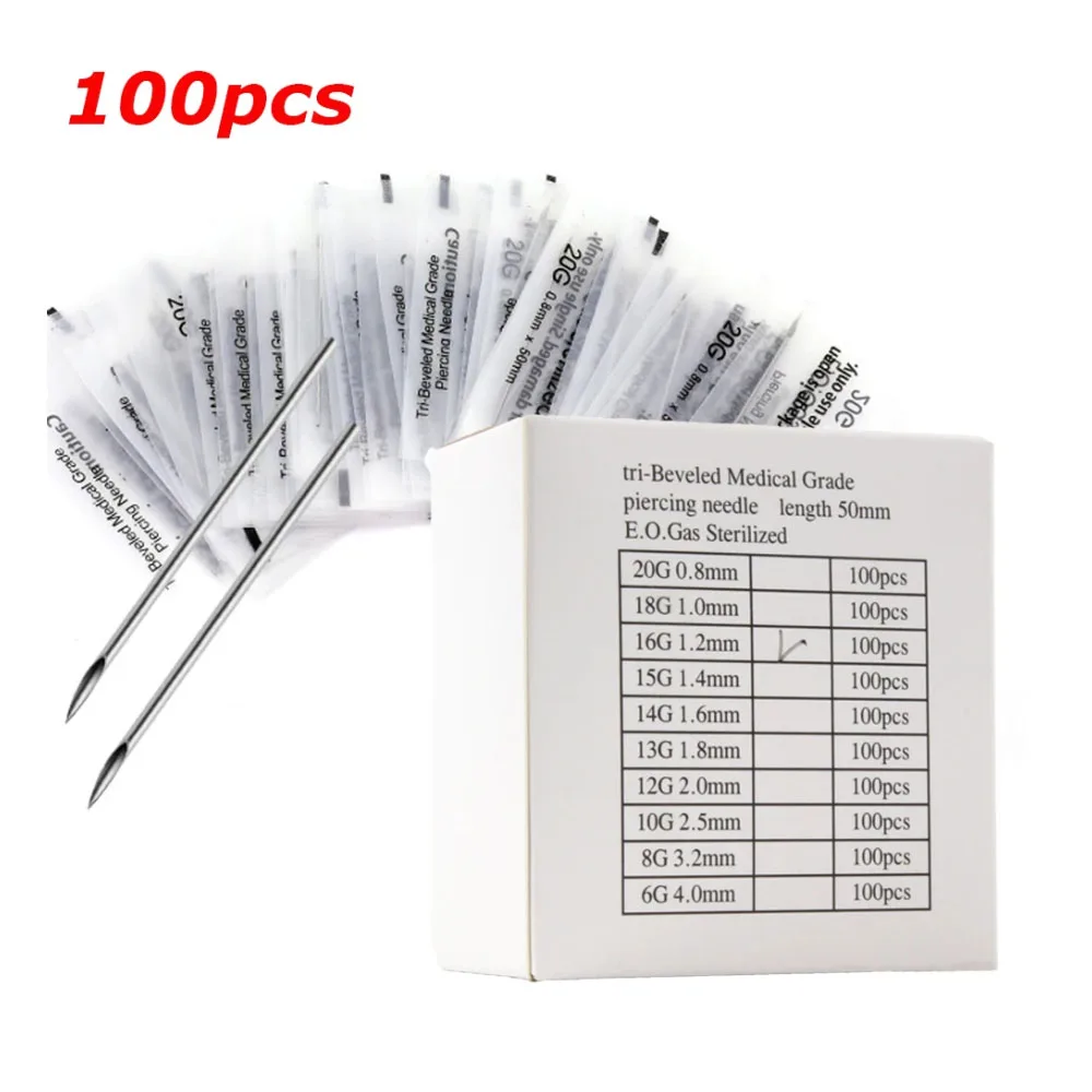 

100PCS/Box Disposable 316 Steel Piercing Puncture Needles For Navel Nipple Ear Nose Lips Tattoo Supplies Kit 12g/13g/14g/16g/18g