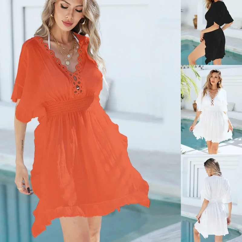 Moda Casual cubrir Ups para traje de baño mujeres ahueca hacia fuera el Crochet cuello en V hendidura Vestido de playa 2025 vacaciones Fiesta EN LA Piscina Bikini cubrir
