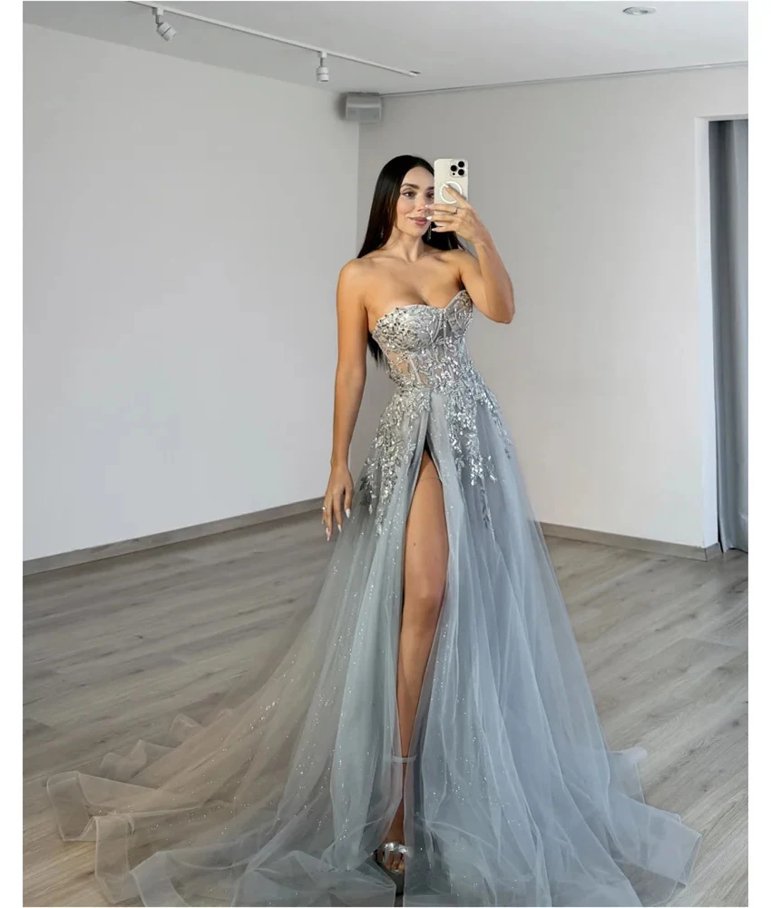 

Lzhk Customized Sexy Tulle A-Line Appliques Sequined Evening Dress High Quality Sweetheart Sleeveless Floor Length Prom Gowns