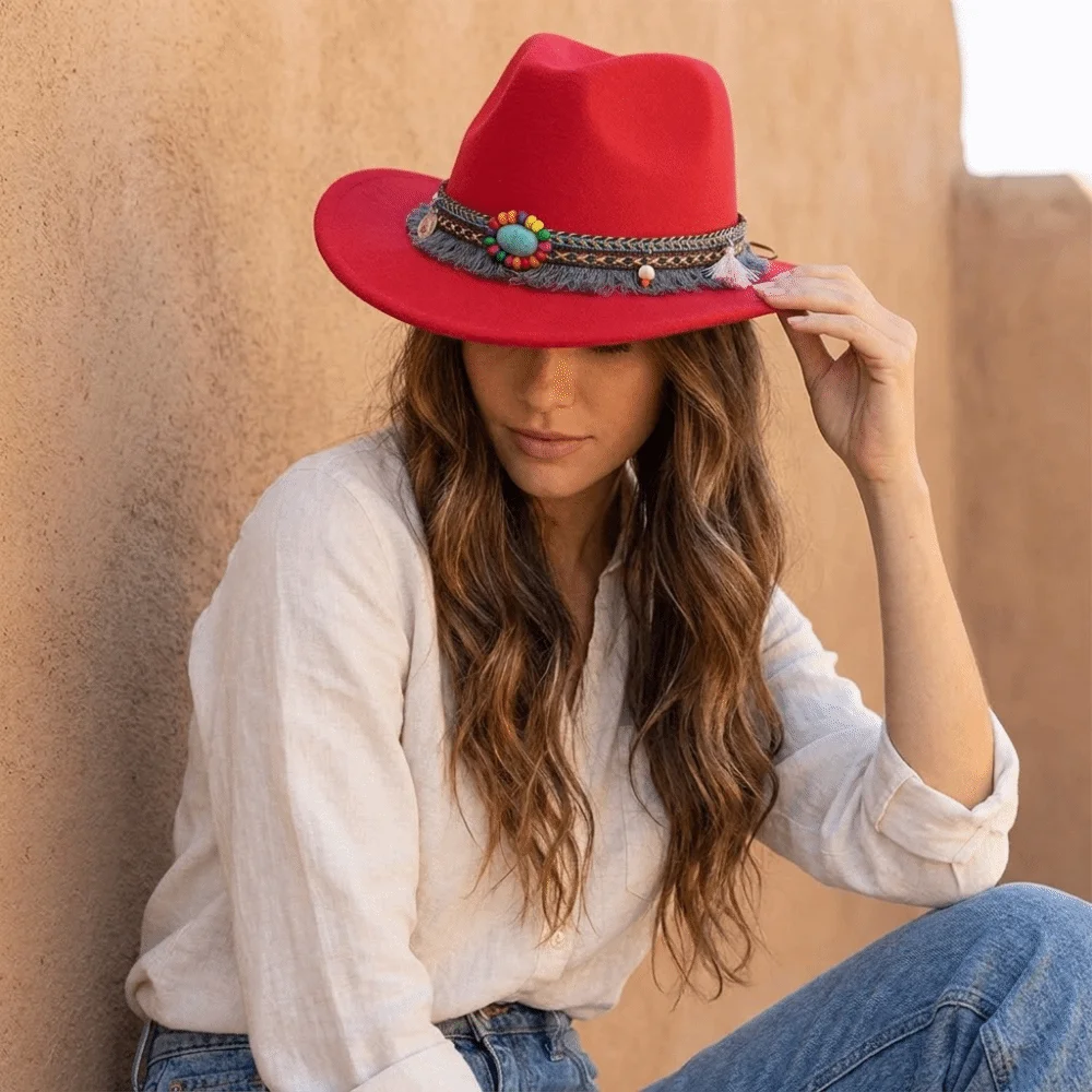 Cool Woolen Western Cowboy Hat Solid Color Big-edge Party Cosplay Hat Roll Brim with Tassels Top Hat Gentleman