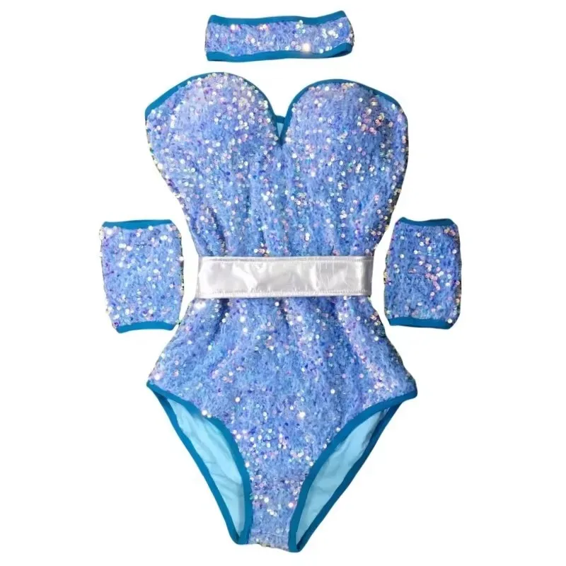 Sequins Bodysuit Stage Wear Bar Nightclub Sexy Blue Pink Velvet Women Dancer Singer Jazz Dance Costume Club Party Rave Outfit