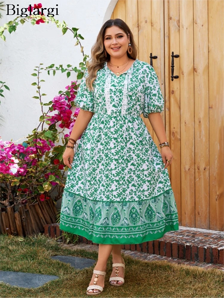 Vestido largo con estampado de flores y rayas para mujer, traje plisado con volantes, informal, talla grande, Verano