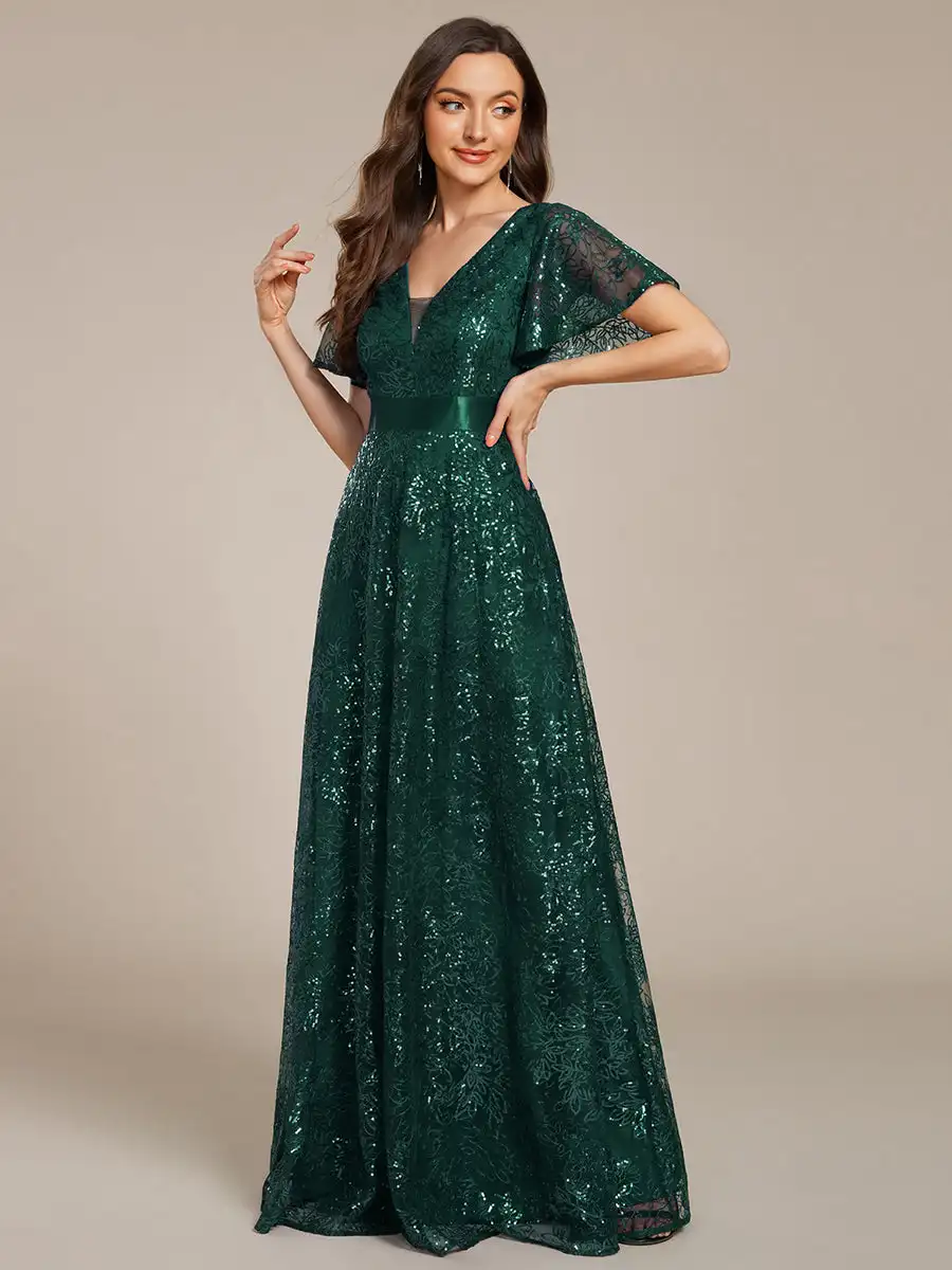 

Elegant Evening Dresses Deep V-Neck Ruffles Sleeve Paillette Embroidery 2025 Ever Pretty of Sequin Dark Green Bridesmaid dress