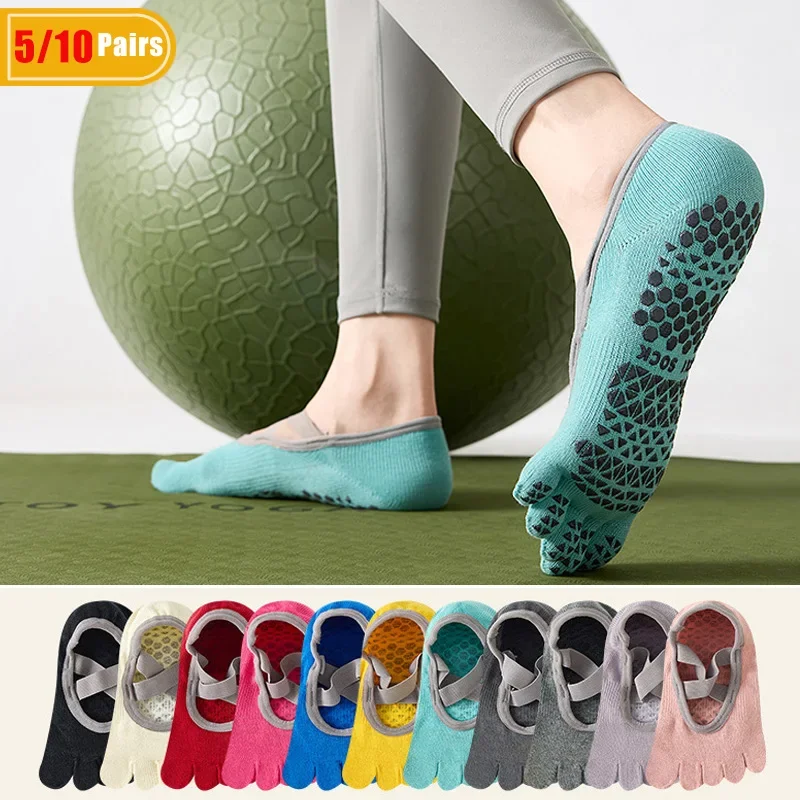5/10 paires de chaussettes de yoga en coton pour femmes, à cinq doigts, absorbant la transpiration, douces, antidérapantes, en silicone, décontractées, pour Pilates, gym, chaussettes bateau invisibles