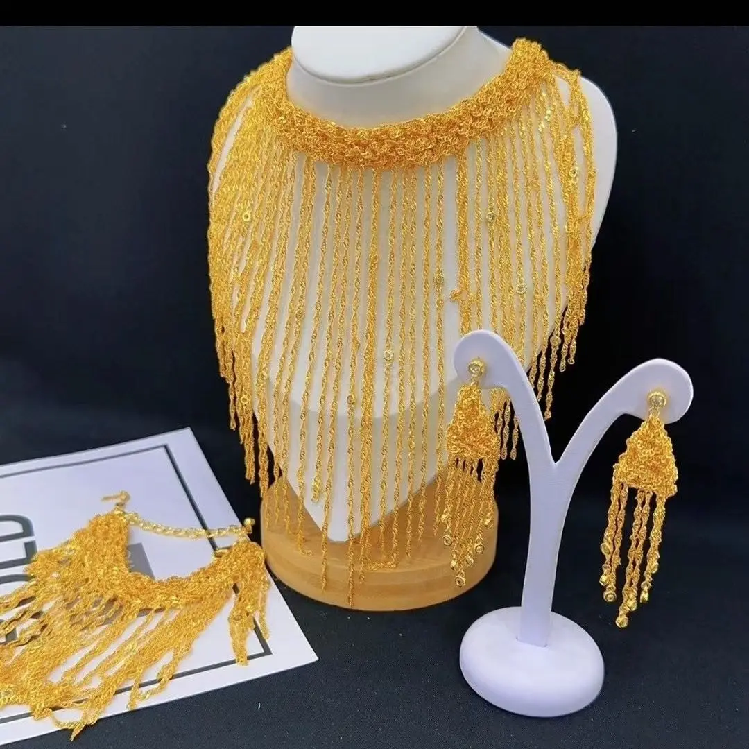 

Новое 24-каратное позолоченное ожерелье, серьги, браслеты в Дубае, элитный романтический подарочный комплект ювелирных изделий для свадебной вечеринки для влюбленных YY10569