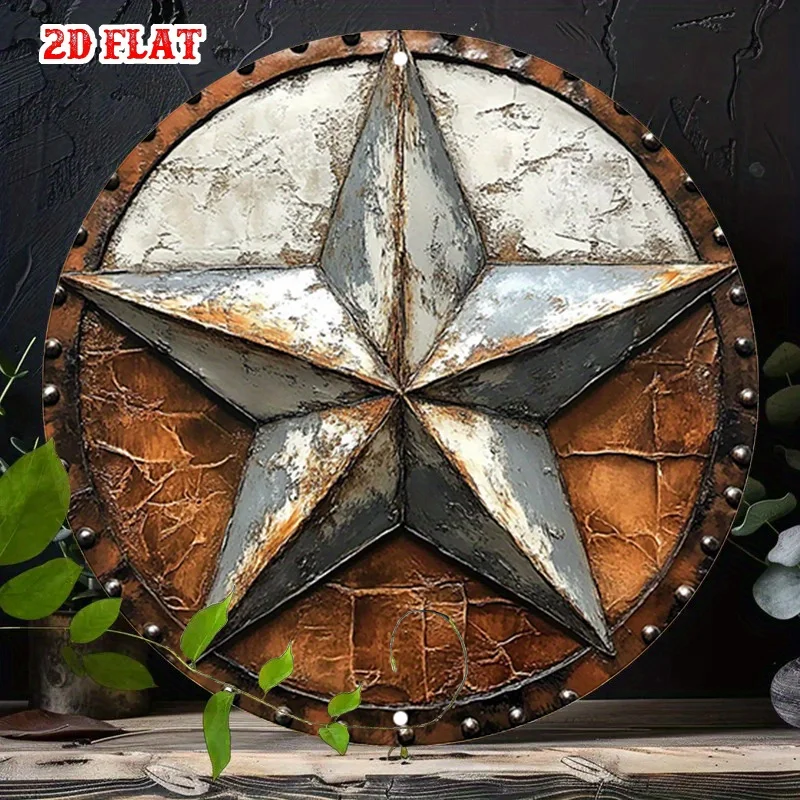 1pc Retro Sign Featuring a Distressed Star Emblem with Rivets Around The Edge Round Wall for art Tea House Veranda Area Perfect