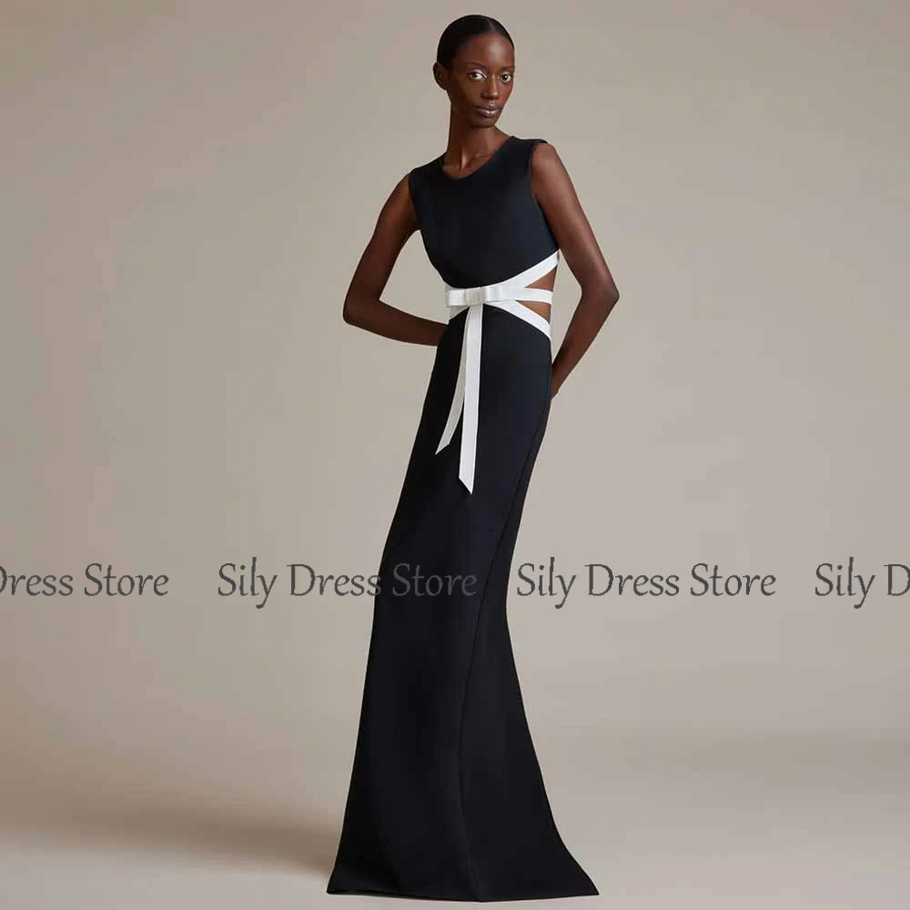 فساتين سهرة نسائية عصرية 2025 قماش كريب حورية البحر/حفلات البوق فساتين سوداء برقبة دائرية وفيونكة بدون ظهر فساتين المشاهير طويلة #2