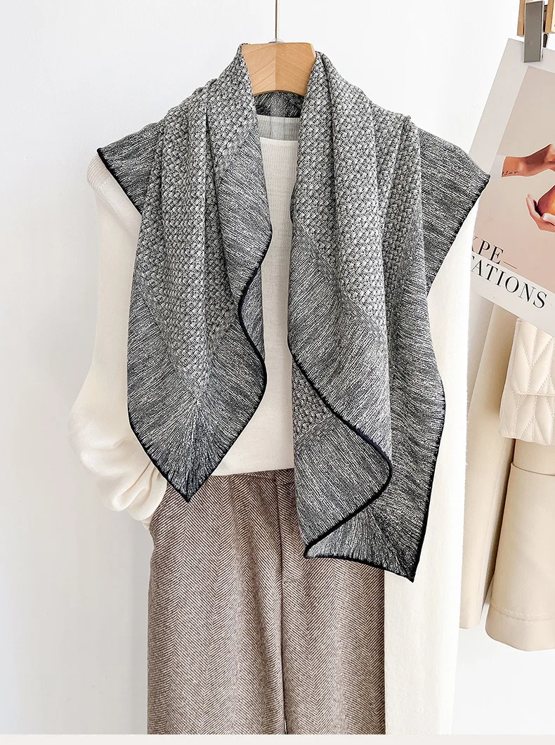 2026 Luxury Brand Elegant Womens Shawl 70% Wool 30% Silk Gray Checkered Square Scarf for Women Hijab Ladies Muffler
