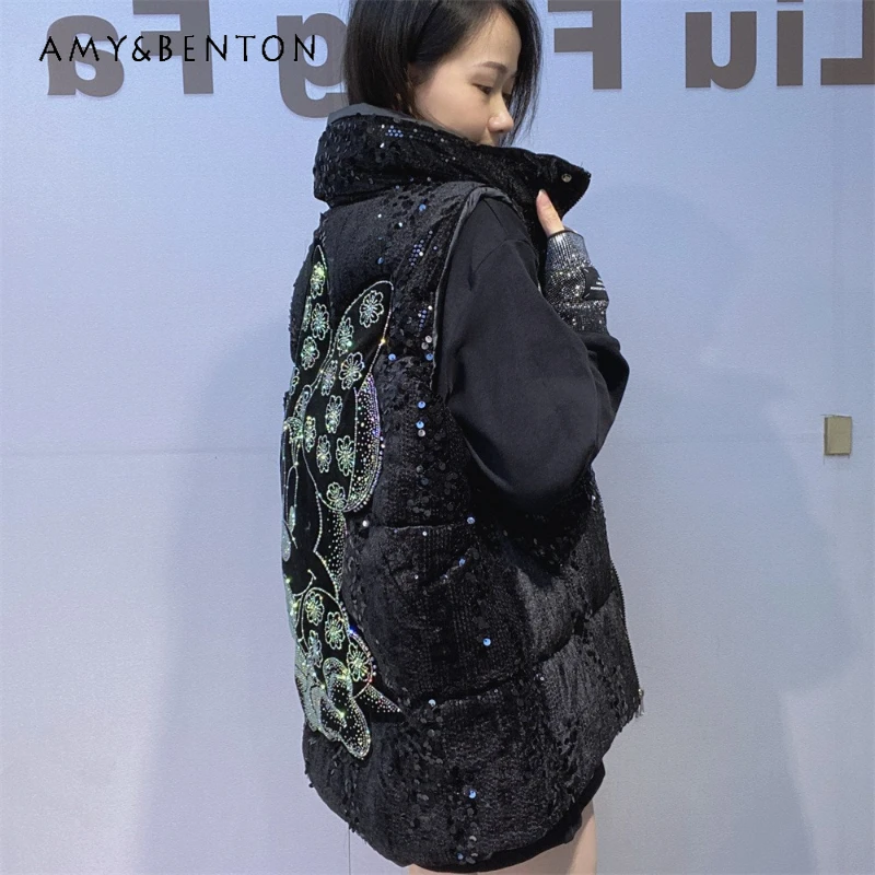

2025 Winter Loose Cotton-Padded Zipper Cardigan Waistcoat Korean Style Vest Sleeveless Jacket Women's New Oversized Sequin Coat