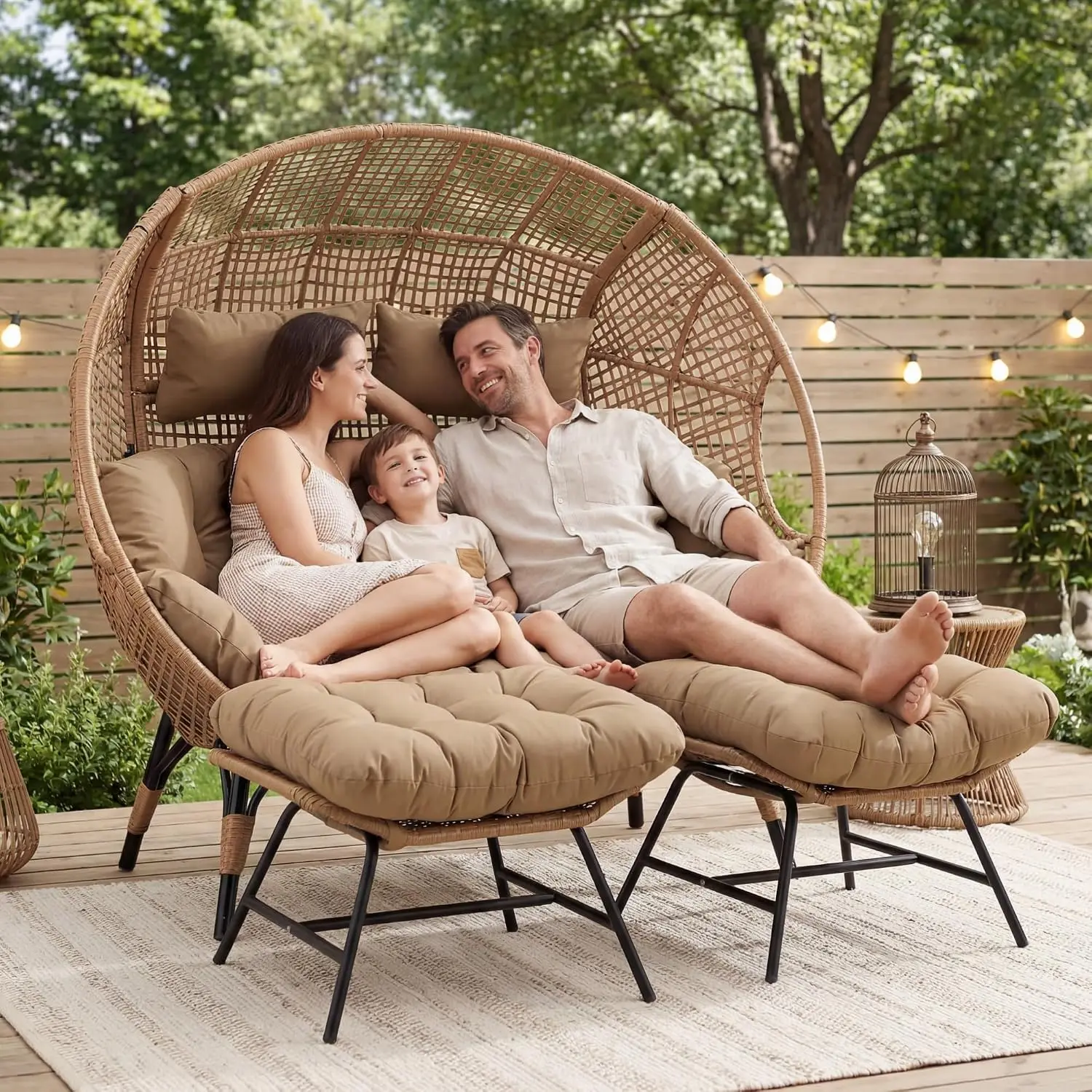 2 Person Egg Chair Indoor Outdoor Stationary Wicker Large Egg Seating Large Egg Basket Lounge Chair with Ottoman Footrest