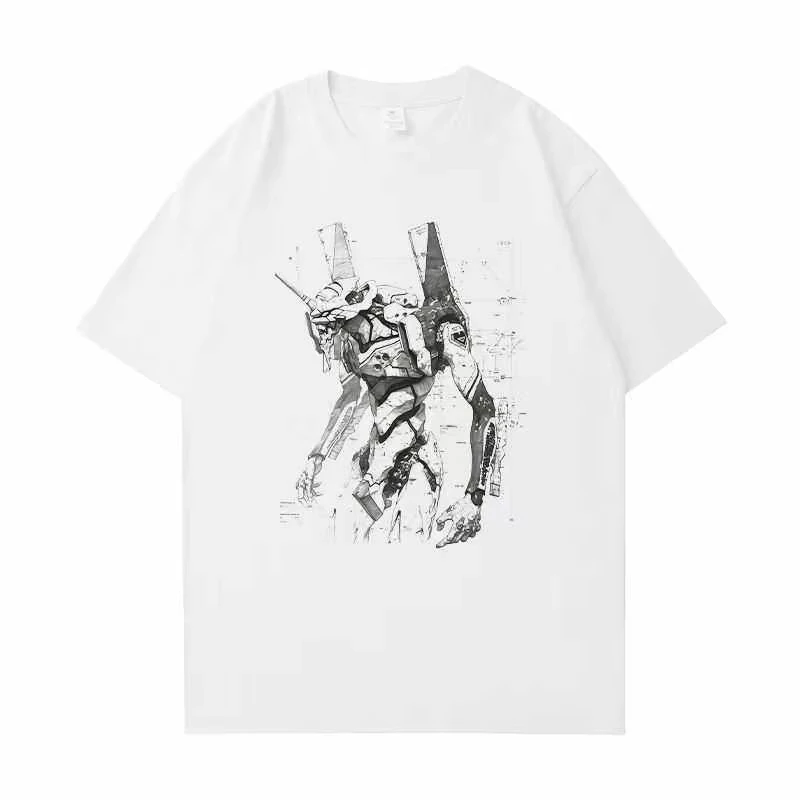 Camiseta Vintage Lavada EVA Unit-01, Estampado Gráfico de Anime Evangelion Mecha Line Art, Camiseta Casual Oversize de Algodón para Hombre y Mujer