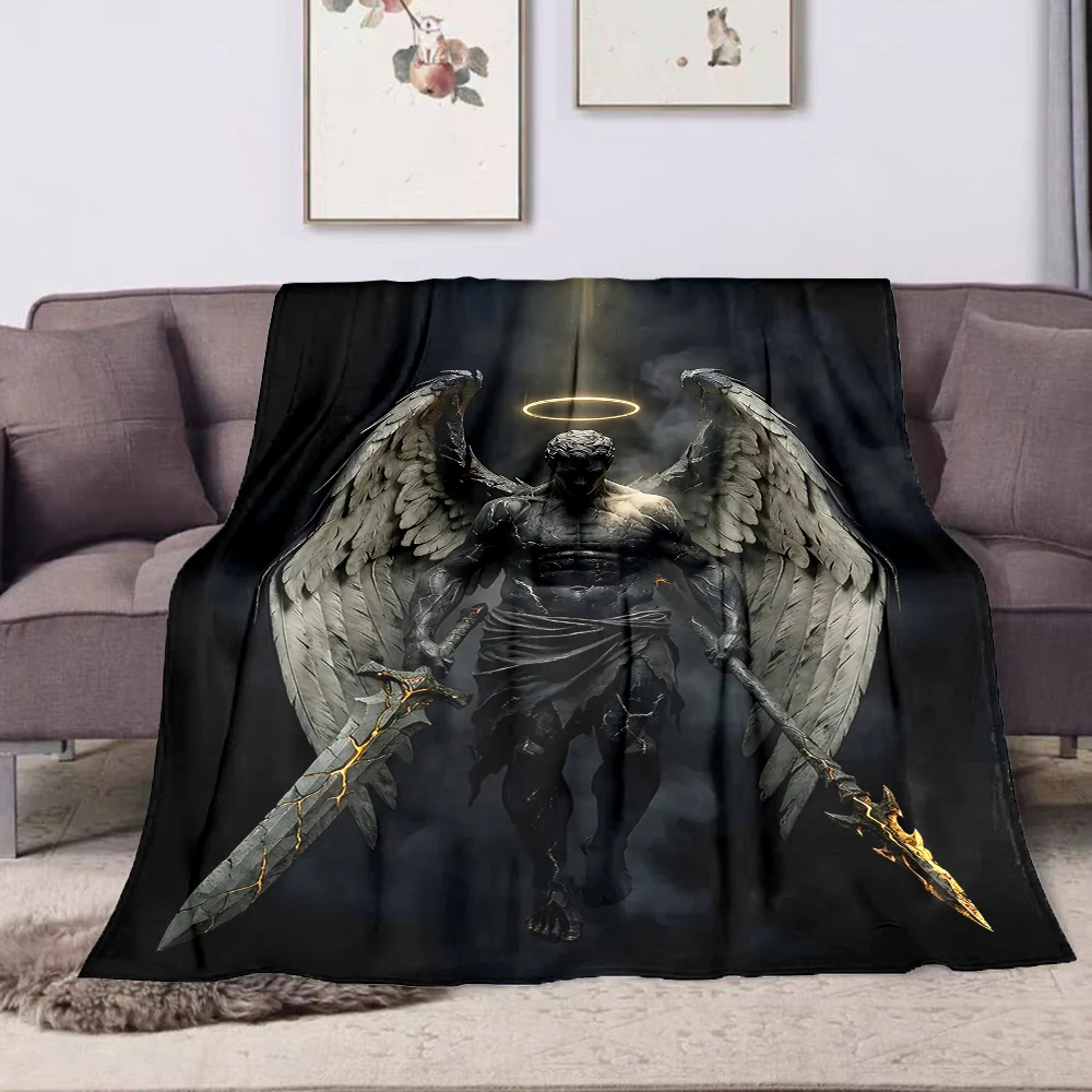 1PC Dark-winged angel holding weapons printed blanket all seasons multi-purpose blanket suitable for sofa, camping, travel, car