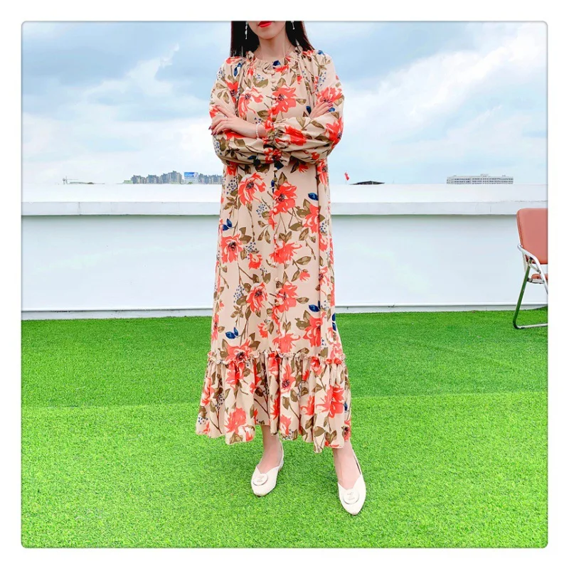 

Spring and Summer New Loose Fit Casual Long Dress Round Neck Long Sleeve Waist Tie Waist Slimming Oversized Hemline