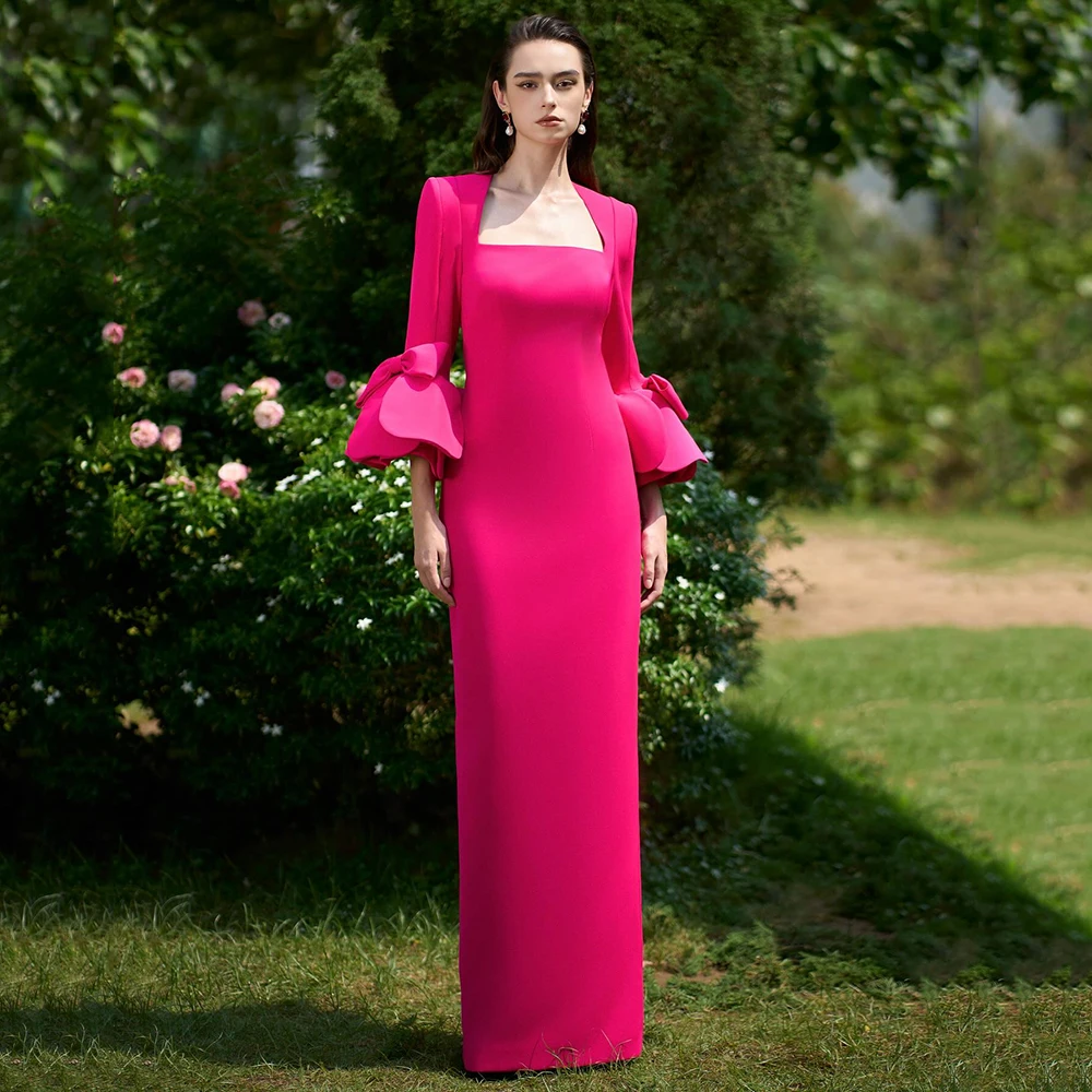 

Customized Square Collar Straight Jersey Women's Evening Dress Full Puff Sleeves Party Dress Floor Length Prom Gown For Women