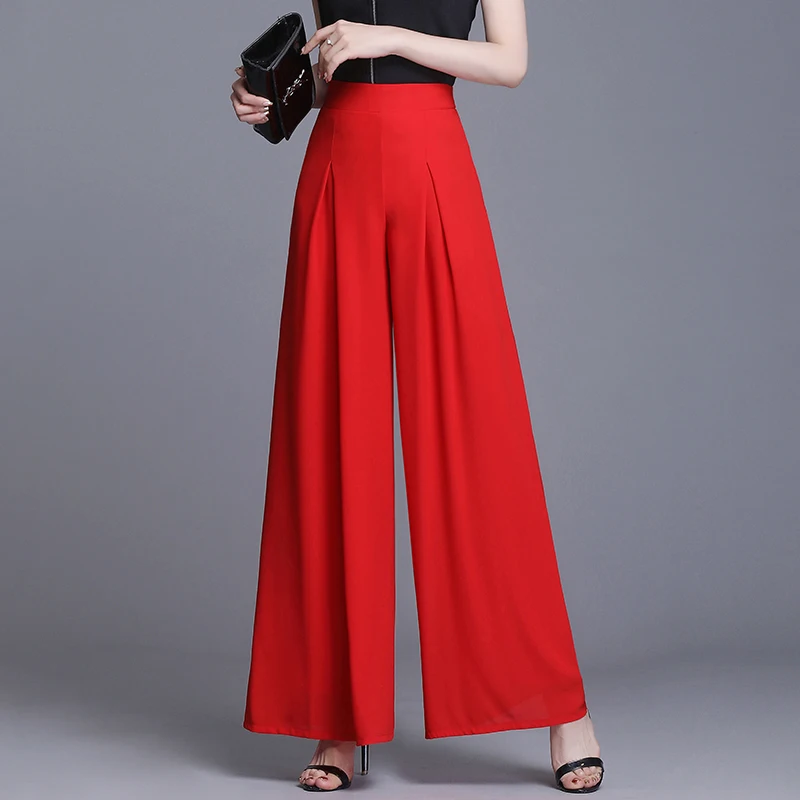 Women Casual Loose Chiffon Wide Leg Pants Summer High Waist Wide Leg Trousers Women Vintage Pleated Black Long Pants