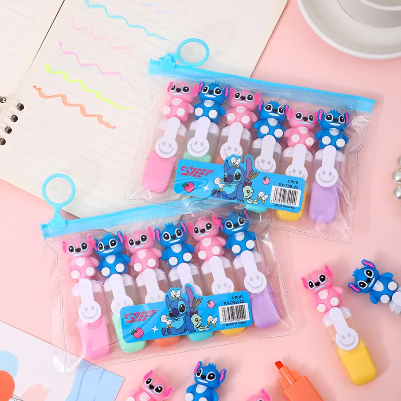 

1 Set Disney Stitch Cartoon 6-color Highlighter Pen Cute Graffiti Handbook Pen with Bag Student Stationery Kids Christmas Gifts