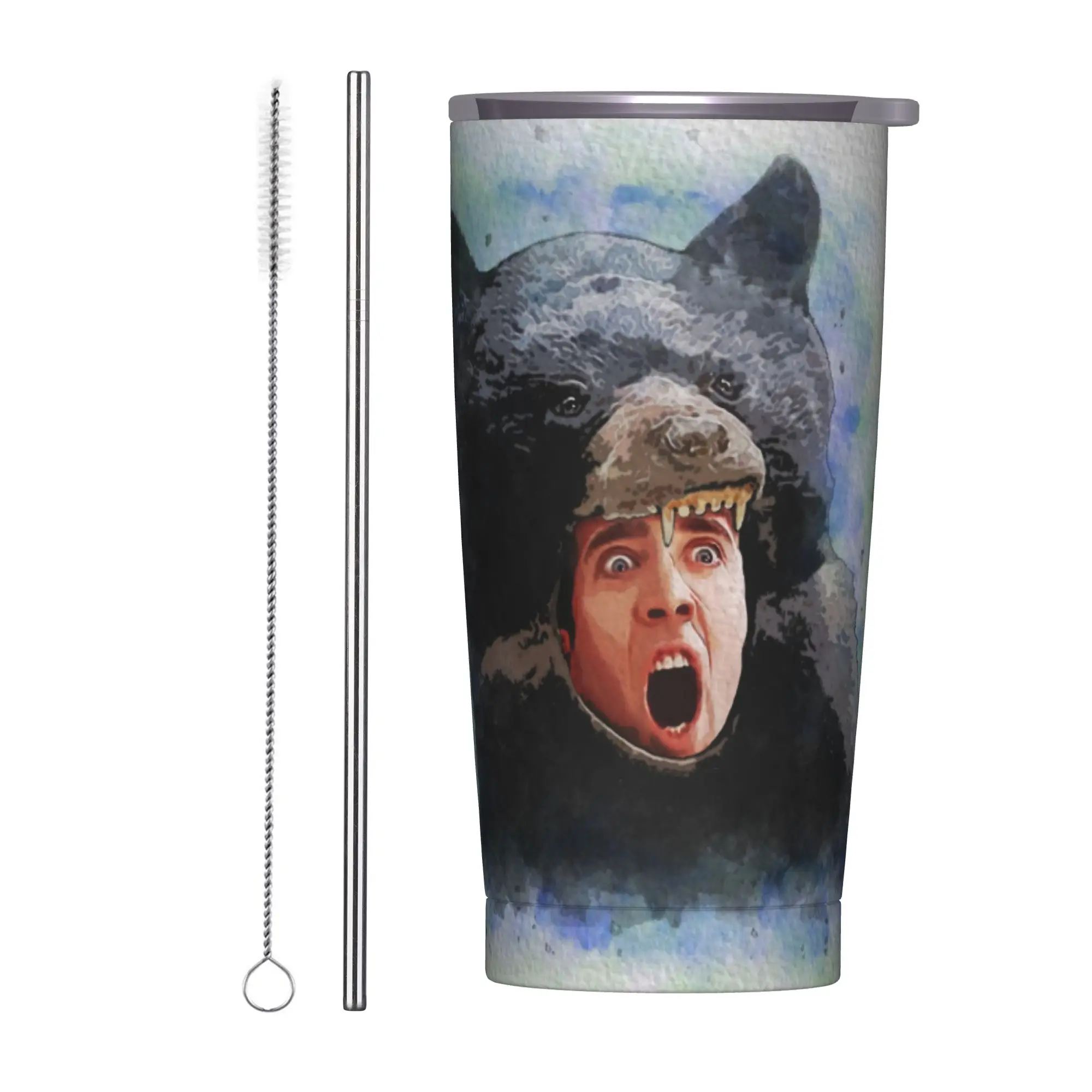 Cage Bear Watercolor Tumbler Vacuum Insulated Nicolas Meme Funny Face Printed Coffee Cups Stainless Steel Mug Spill Proof, 20oz