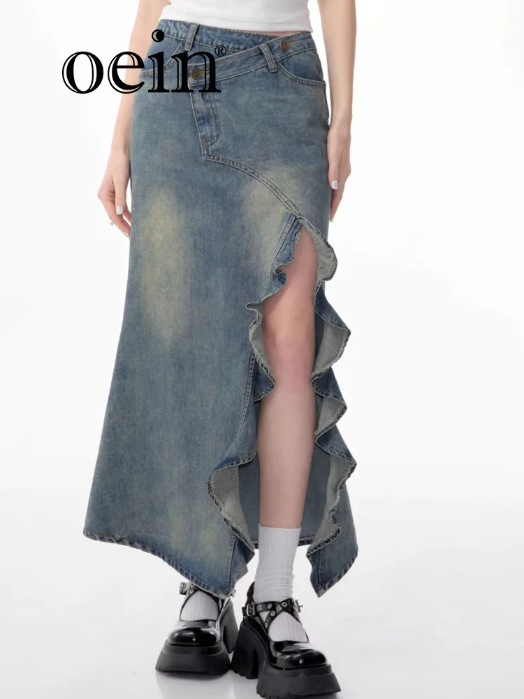 

[oein] Spring And Summer New American High Waist Slim Mid Length Split Cowboy Tail Half Length Skirt For Women