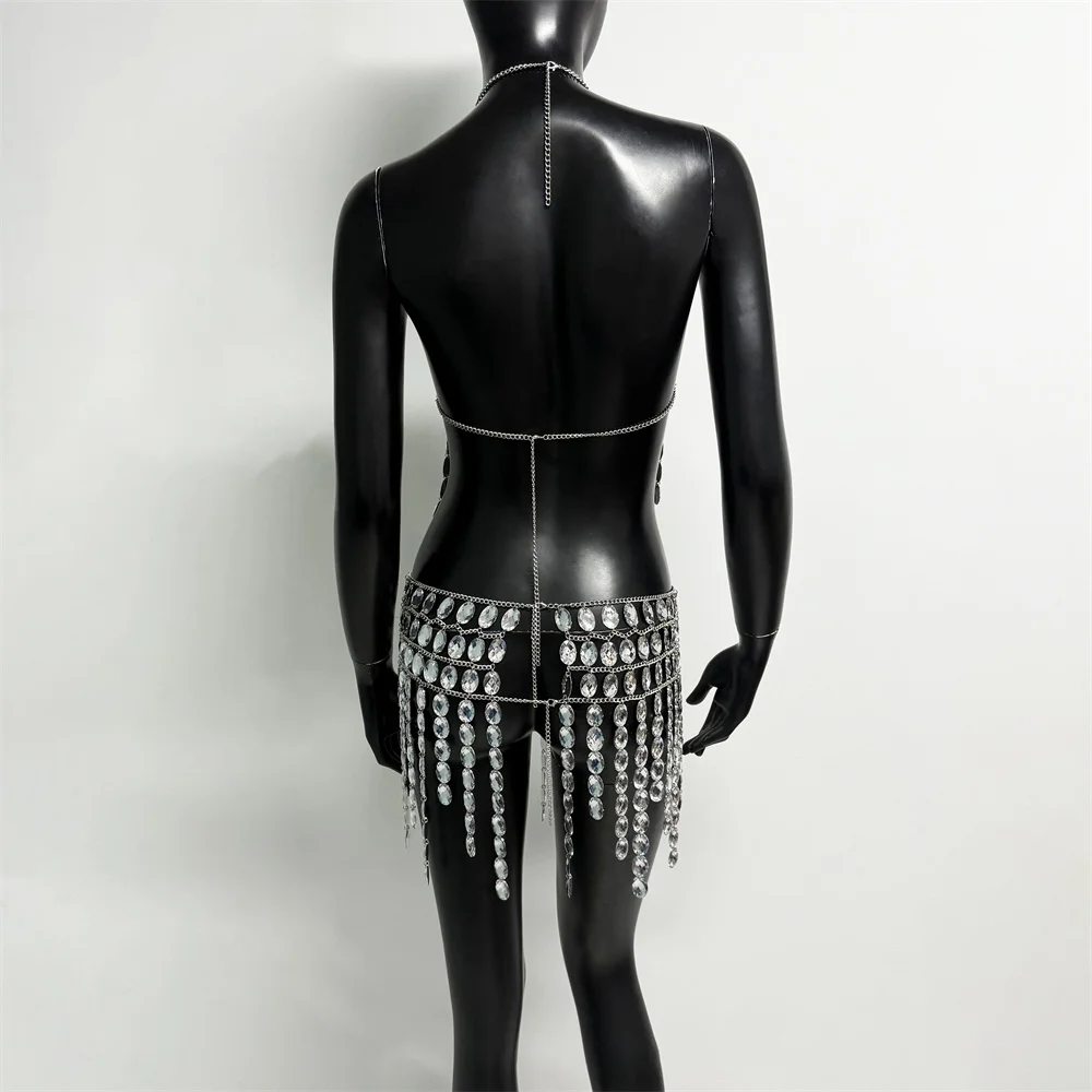 Silver Crystal Fringe 2 Piece Set Women Sexy Halter Crop Top and Mini Skirt for Festival Rave Party Clubwear Y2K Fashion - view 5