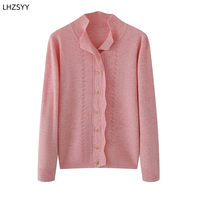 LHZSYY New Pure Cashmere Cardigan Ladies V-neck Knit Jacket Spring Autumn Loose Jacquard Bottoming Shirt Soft Wild Coat Sweater