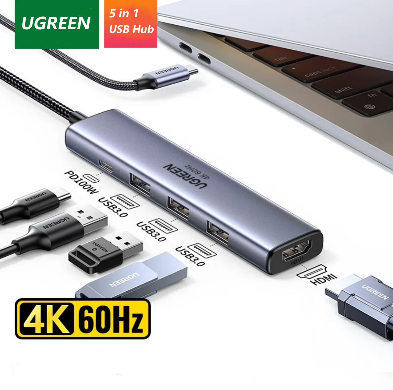 UGREEN USB C Hub 5 in 1 USB C to HD-MI Splitter 3 USB a 3.0 Port and 5Gbps Type-C Data Port, 4KHDMI Port, PD 100W Charging