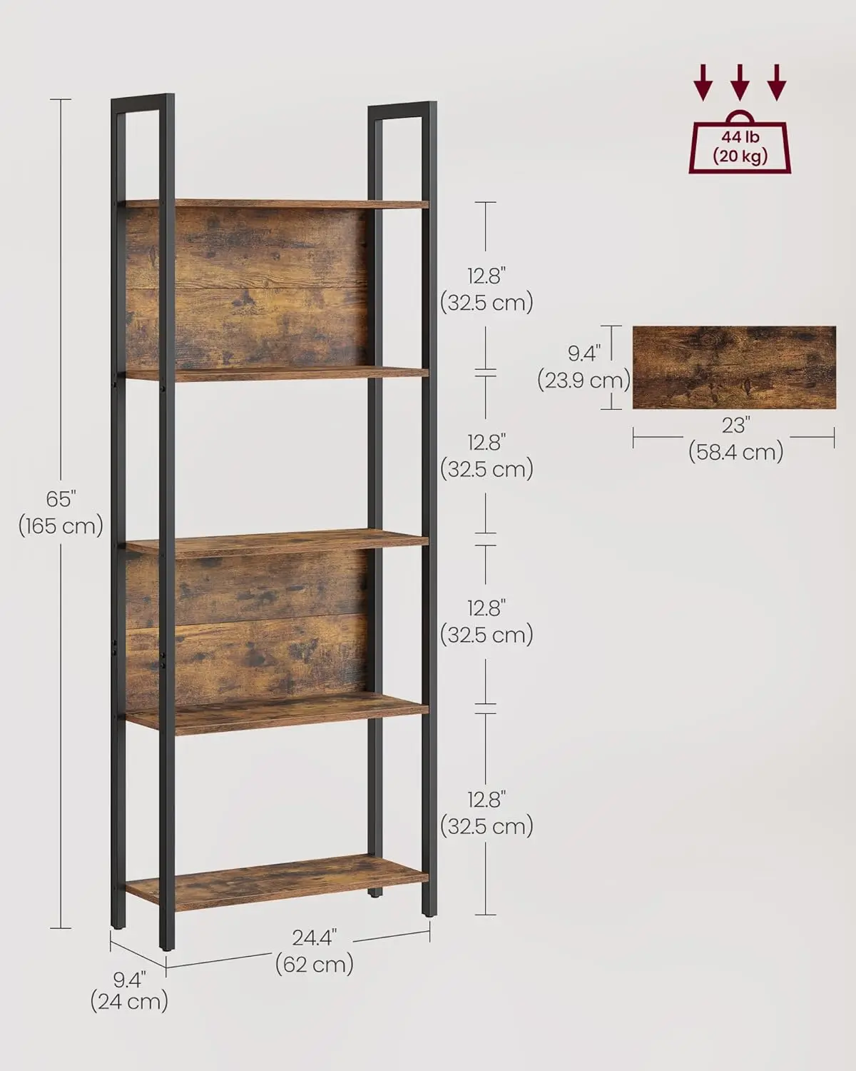 5-Tier Bookshelf, Book Shelf, Industrial Bookcase, with Steel Frame,for Living Room,Home Office, Bedroom, 9.4 x 24.4 x 65 Inches