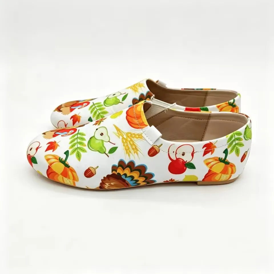 Evk Women Canvas Loafers Thanksgiving Turkey Halloween Pumpkin Printed Slip On Flat Shoes Latin Salsa Party Dancing Sandal Shoes