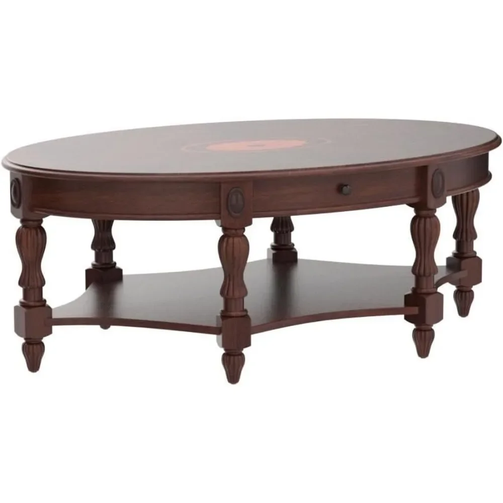 Mesa de café de madeira maciça com gaveta e prateleira de armazenamento, sala tradicional, chá de coquetel, escultura oval lateral, vintage