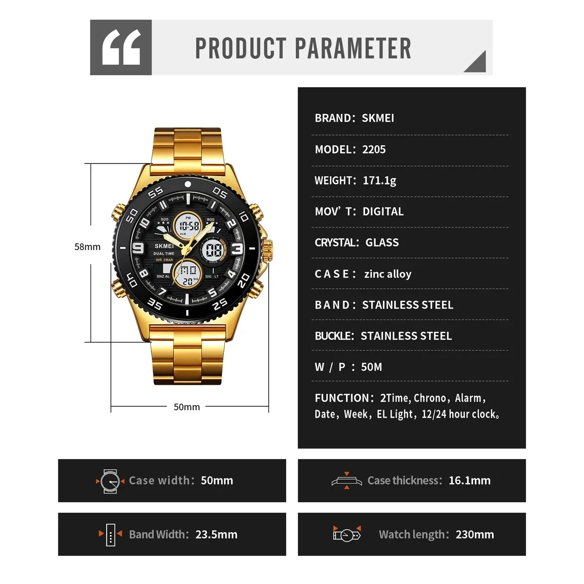 Skmei 2205 horloges mannen moda esporte relógio digital relógios masculinos de aço inoxidável 5bar à prova dwaterproof água dupla exibição relógios pulso