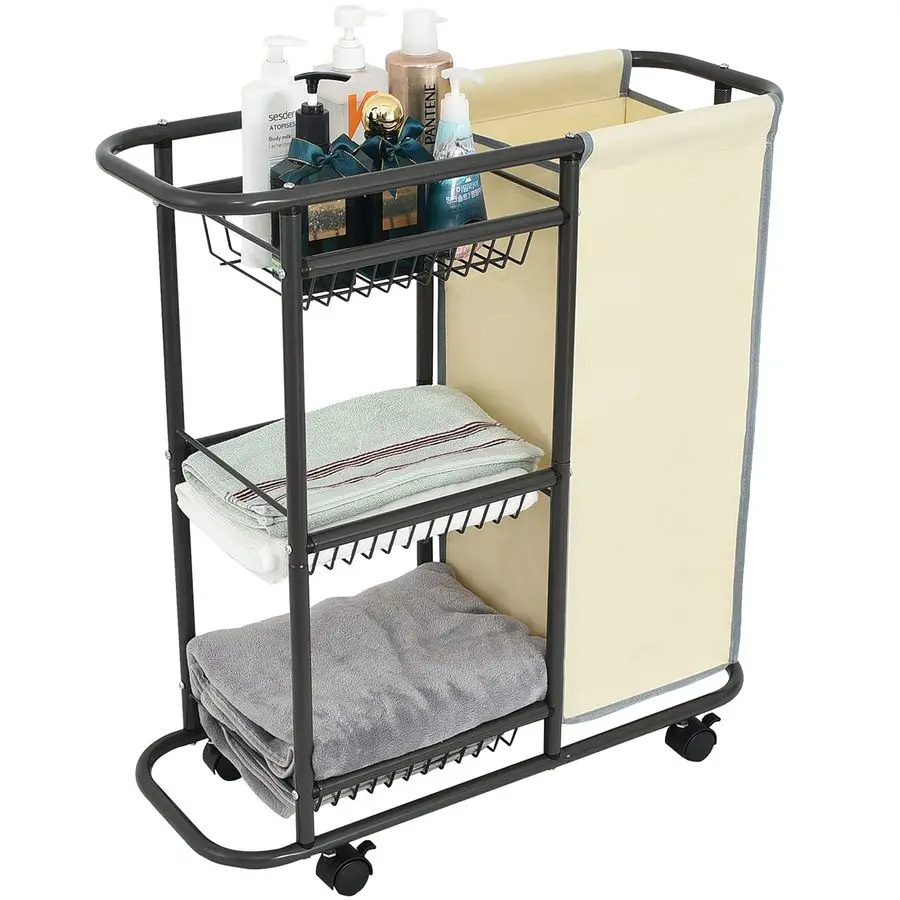 

Laundry Sorter Cart Movable Bathroom Organizer Gray Laundry Storage Baskets with Heavy Duty Rolling Wheels 3Tier Storage Shelves