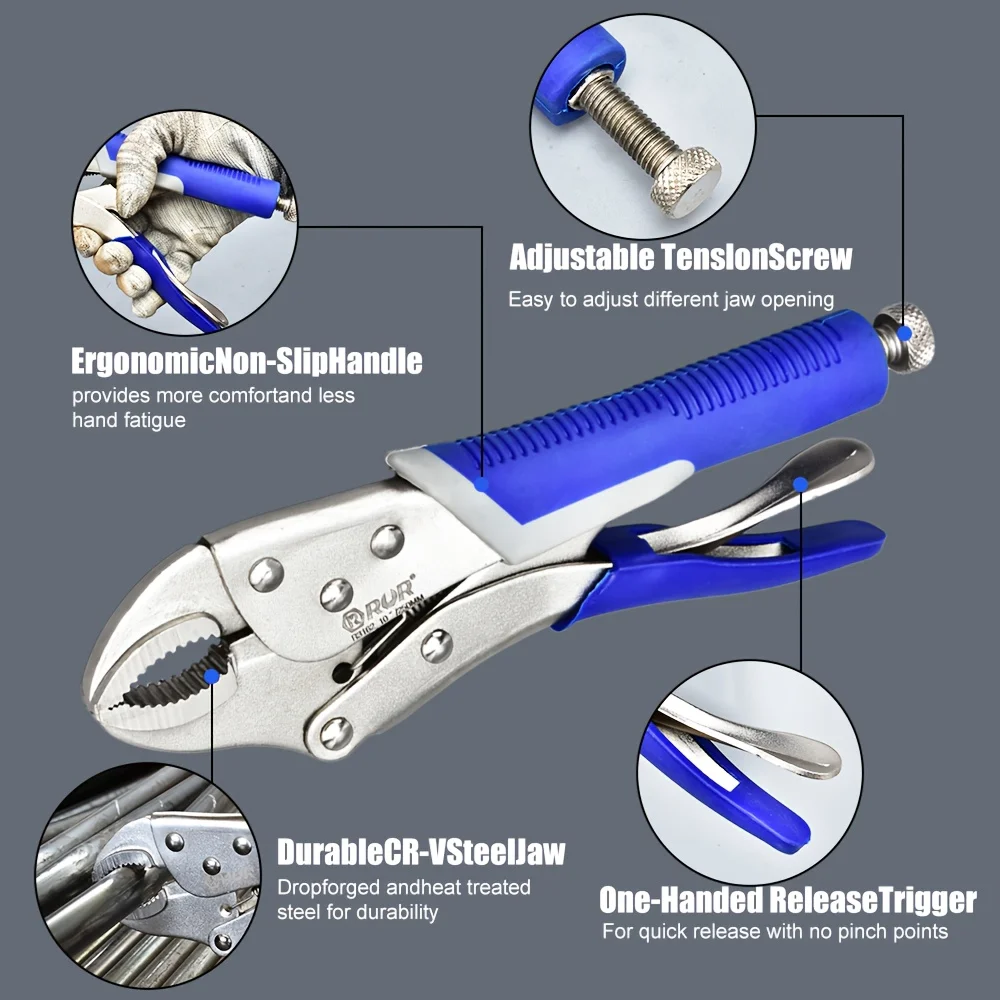 Tools Set 6pcs Locking Pliers Set, 6-1/2", 9-1/2" Needle Nose Vice Grips, 5", 7" And 10" Curved Jaw Vise Grip, 6" C-clamp Locking Pliers, Fast Release with Rolling Pouch view 5
