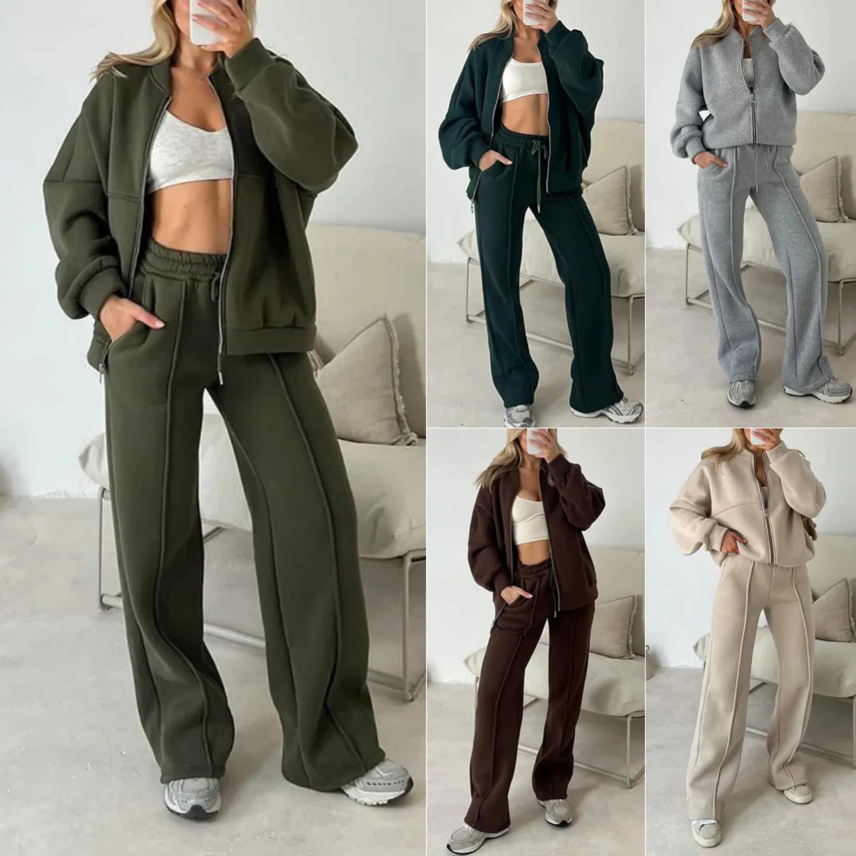 Femmes pantalon décontracté ensemble automne/hiver fermeture éclair veste décontractée pantalon à jambes larges 2 pièces ensemble tenues nouveau 2025 mode sport femmes costume