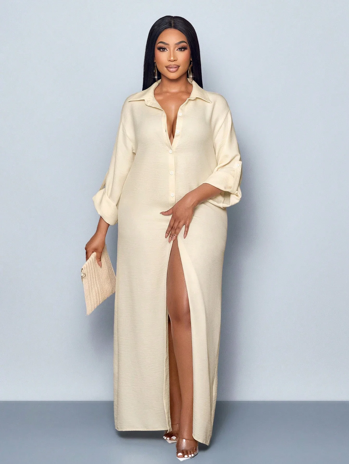 

Элегантное повседневное платье-рубашка макси с высоким разрезом для пляжного отдыха