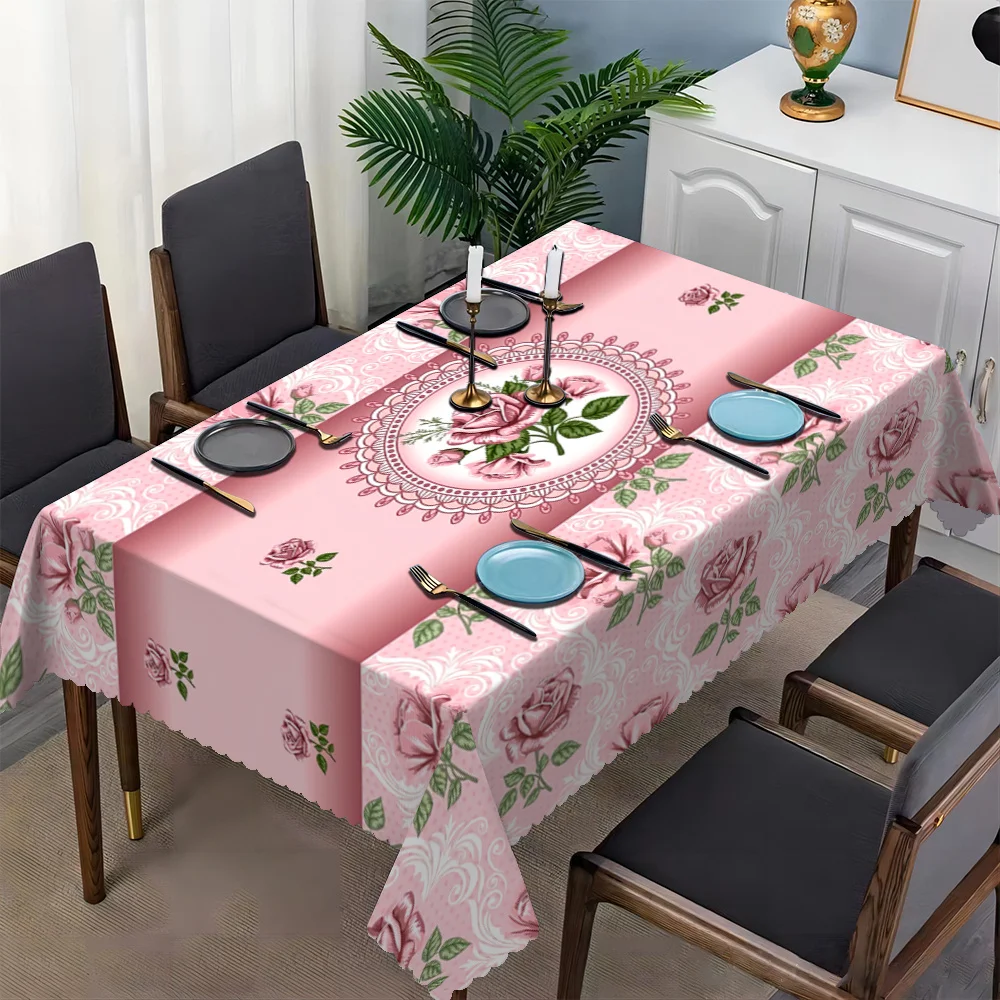 Vintage Rococo Pink Rose Scroll Floral Tablecloth Impermeable Wipeable Cover For Family Dinner Kitchen Multi Scene Table Decor