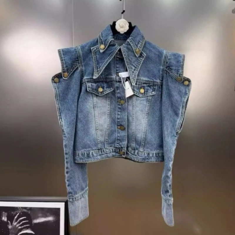 Woman Peaked Collar Denim Jacket Streetwear Retro Triangular Shoulder Spliced Jeans Coat Holes Long Sleeve Cowboy Outwear Tops