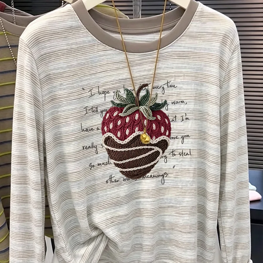 Retro American Color Block Striped Long Sleeve Women's T-shirt Loose Fit Slimming Base Layer Trendy Top for Early Autumn