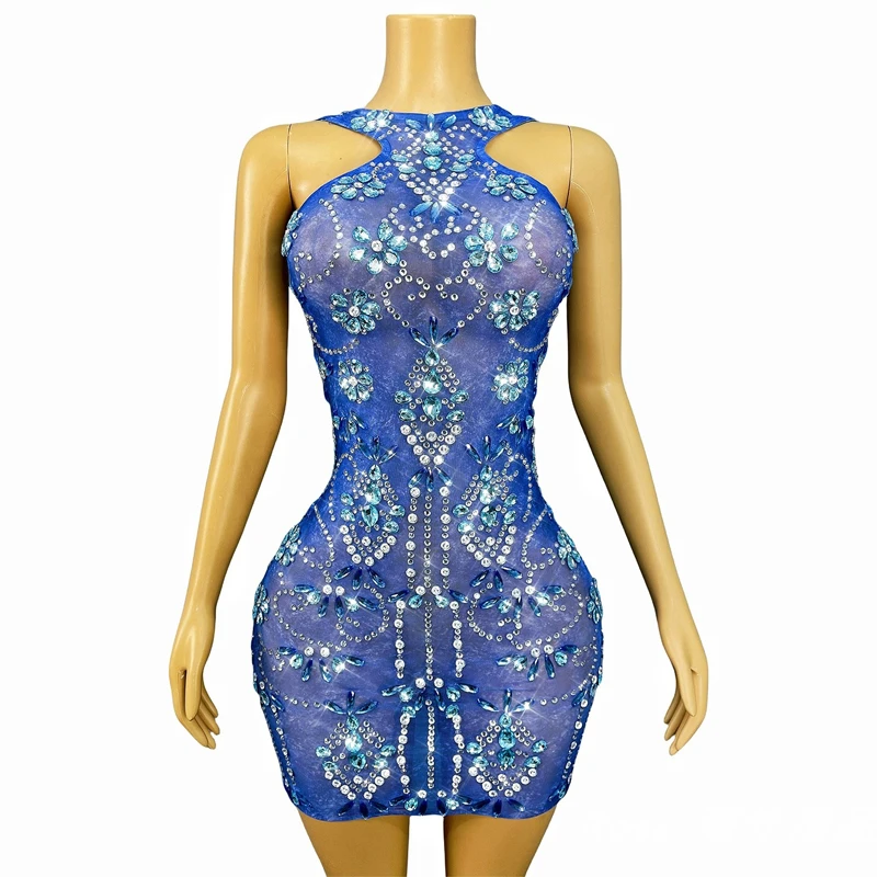 女性はイブニングドレスを祝いますブルーラインストーンパーティードレスステージキャットウォーク衣装ナイトクラブバーフェスティバル衣装XS10155