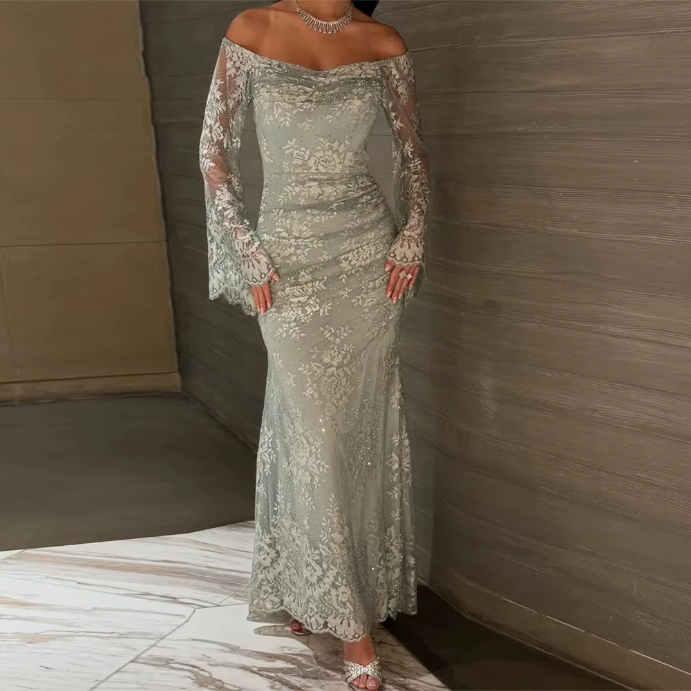 

Delicate Appliques Lace Customized Evening Dress Classic Long Sleeves Boat Neck Celebrity Gowns Fashion Mermaid Party Dresses