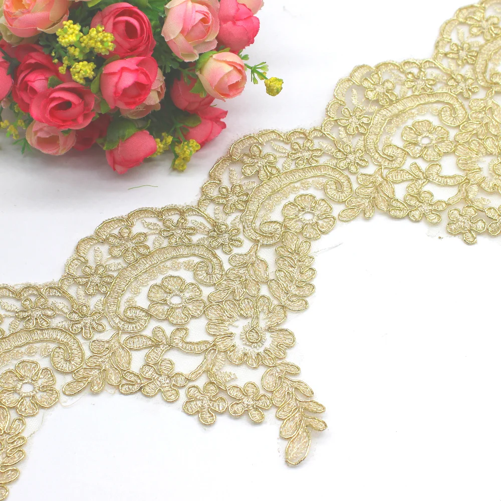 1 Yard Gold Embroidery Lace Appliqued Champagne Gold Lace Trims Light Tulle Lace Fabric Scalloped Bridal Sashes 23-31CM