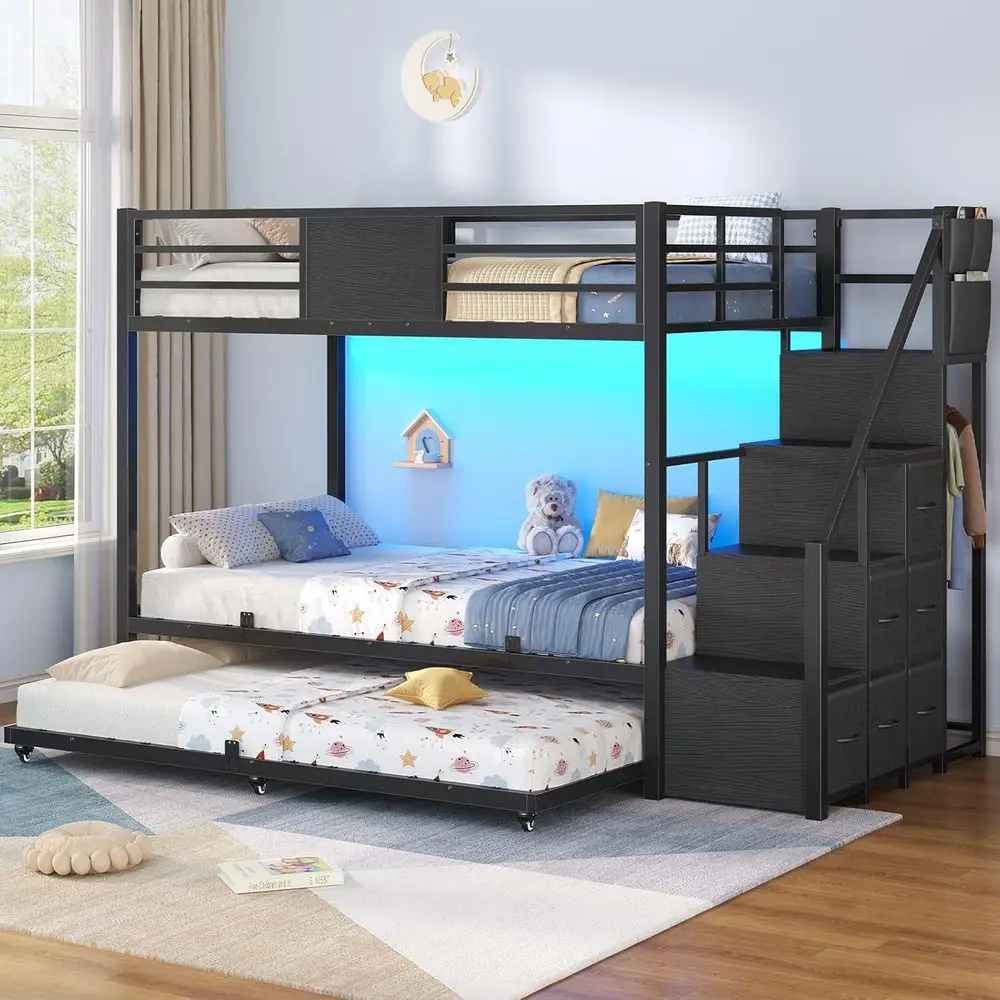 Twin Over Twin Bunk Bed with Trundle, LED Lights, Stairs and 6 Storage Drawers, Metal Twin Lot Beds with Guardrail & Stairs, Spa