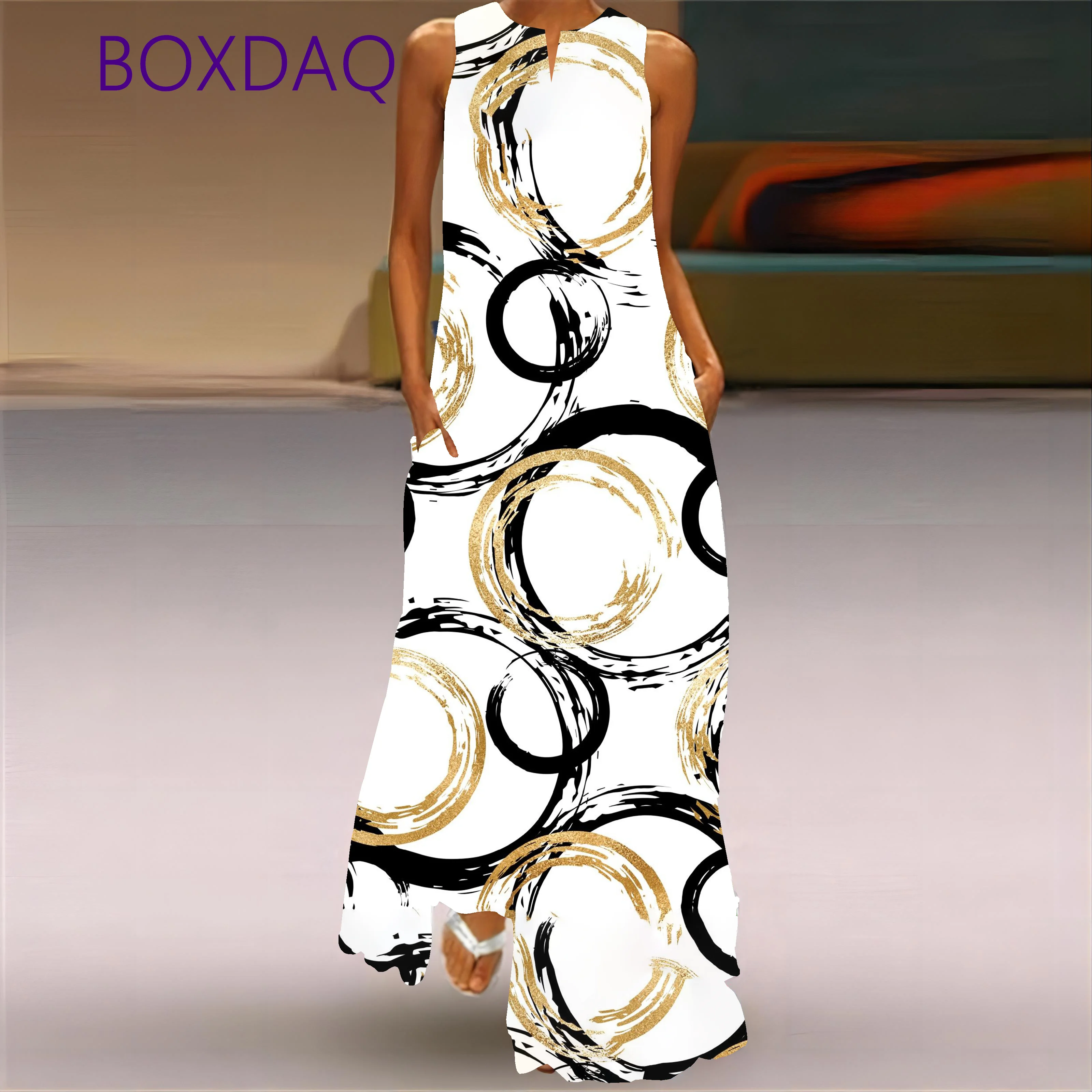 Elegant Floral Print Long Dress Women's Clothing 2025 New Spring Summer Sleeveless Sexy V-neck 3D Print Pattern Ladies Sundress