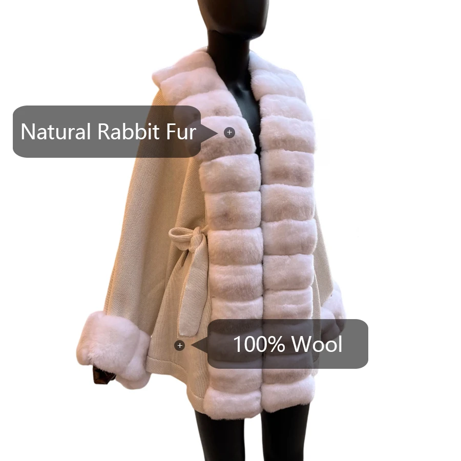 المرأة الفراء سترة مع ريكس الأرنب الفراء تقليم منتصف طول سترة المعطف الخريف أزياء الخفافيش نوع معطف