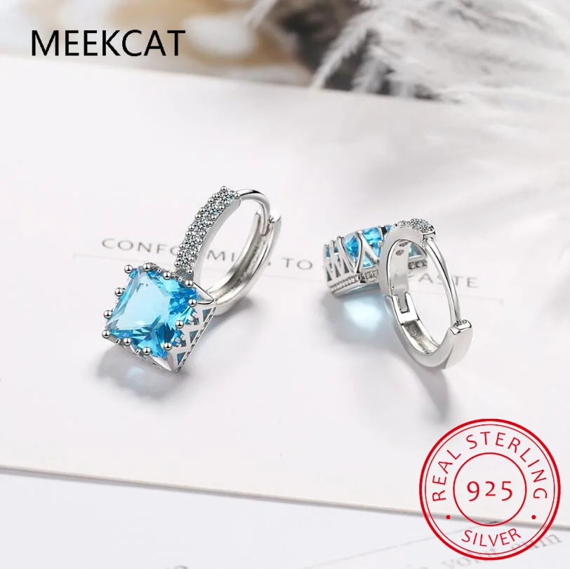 1.4ct Princess Cut Sky Blue Topaz 925 Sterling Silver Hoop Earrings for Woman Fashion Wedding Anniversary Gift