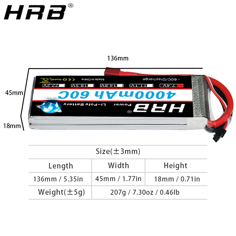 HRB Lipo Battery 2S 7.4V 4000mah 60C For RC Car Truck Monster Boat Drone RC Toy XT60 T EC3 EC5 XT90 XT30