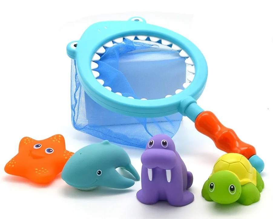 [Funny] Bath Toy Fishing game capture Spray dolphins Turtle Sea lions and Change color starfish Marine Animals set playing water